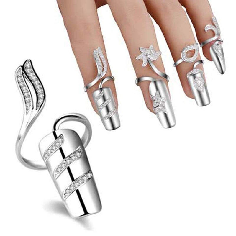 Suoirblss 4 PCS Rhinestone Finger Tip Nail Ring Adjustable Opening Nail Art Charms Accessories Silver Women's Fashion Protecting Fingernail - Image 5